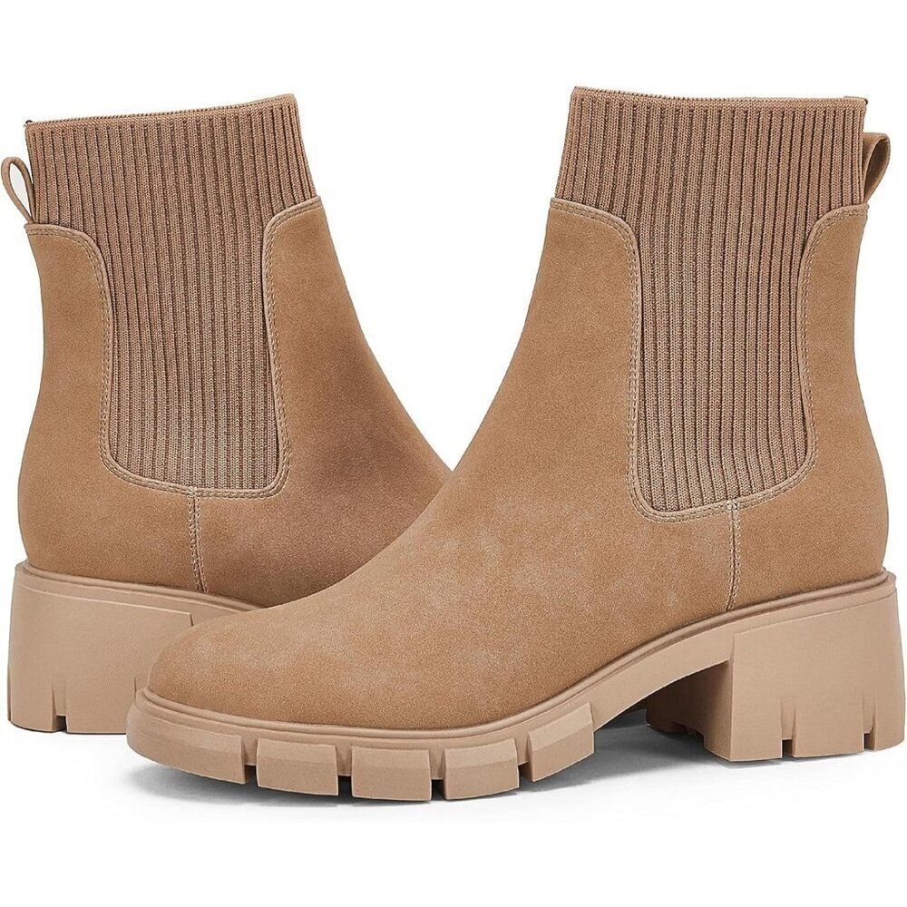 Women's Khaki Platform Ankle Boots Elastic Chunky Block Heel Chelsea Booties